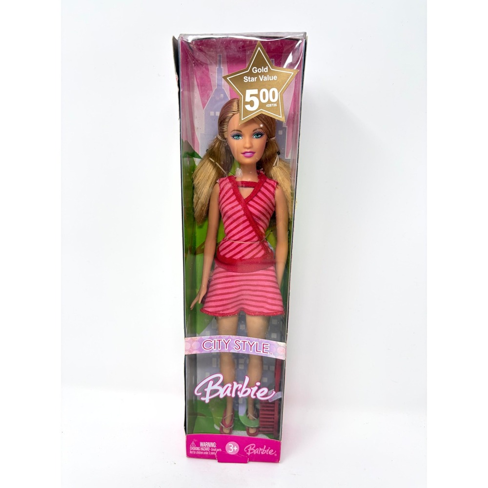 Mattel Barbie City Style Doll Pink Striped Dress K9202 New In Box 2006